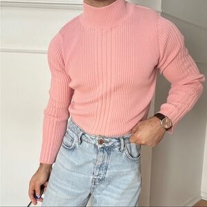 Pink Ribbed Turtleneck Sweater